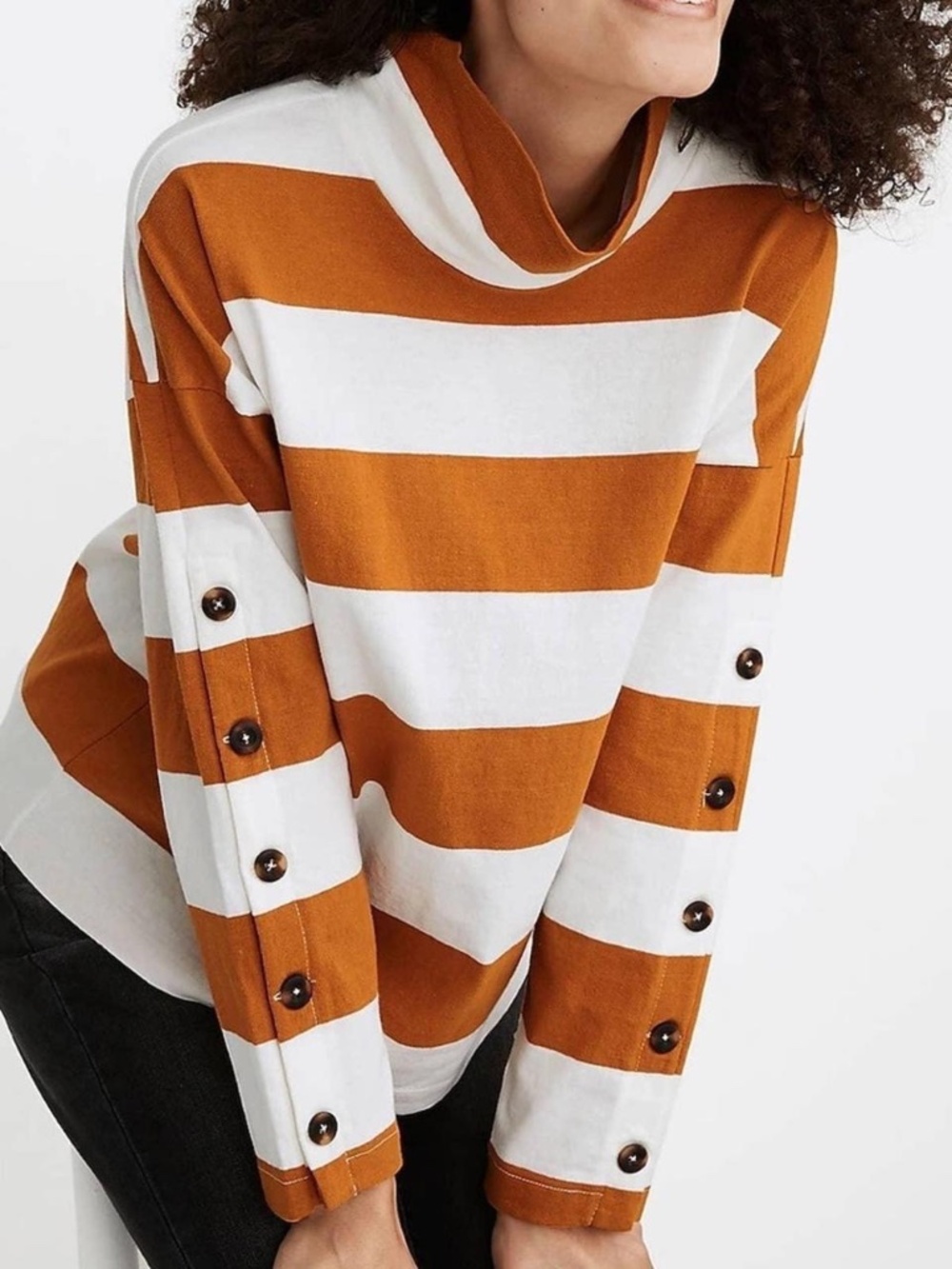 Madewell Mockneck Striped Top Sz M Long Sleeve Button Accept Turtleneck